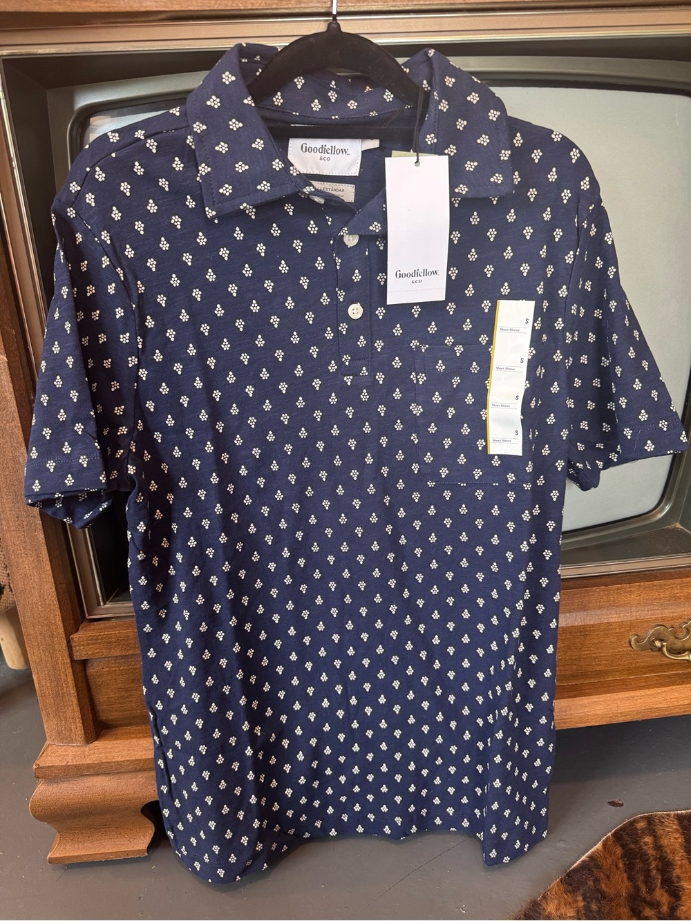 Goodfellow & Co Navy Blue Short-Sleeve Polo with White Mini Pattern